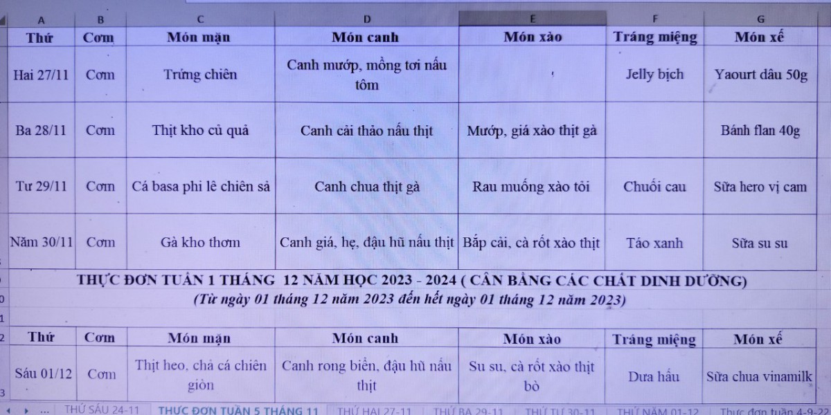 THỰC ĐƠN BÁN TRÚ THÁNG 11-TUẦN 5, NGÀY 01 THÁNG 12