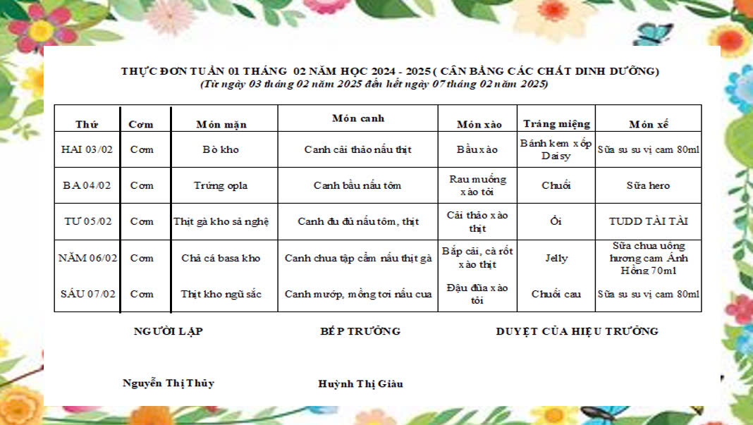 THỰC ĐƠN BÁN TRÚ TUẦN 1 THÁNG 2
