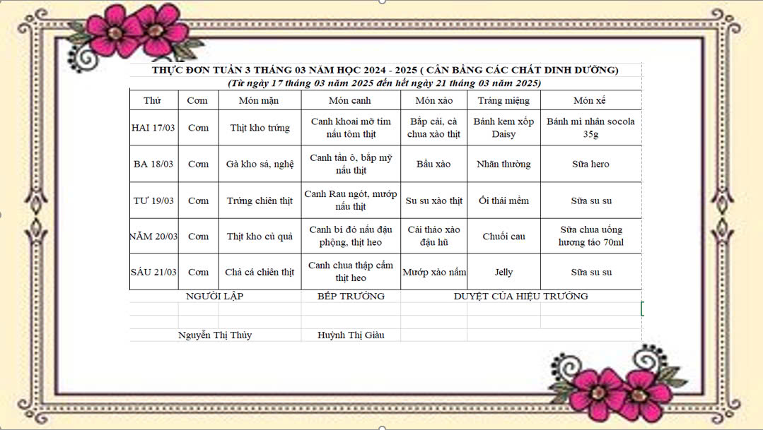 THỰC ĐƠN BÁN TRÚ TUẦN 3 THÁNG 3