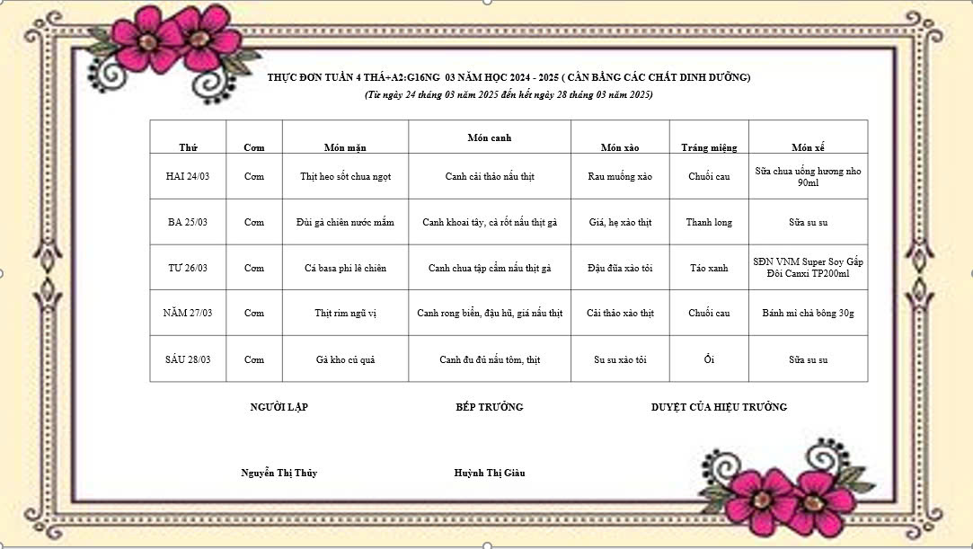 THỰC ĐƠN BÁN TRÚ TUẦN 4 THÁNG 3