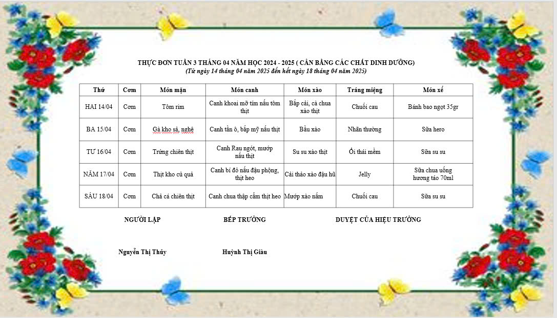 THỰC ĐƠN TUẦN 3 THÁNG 4